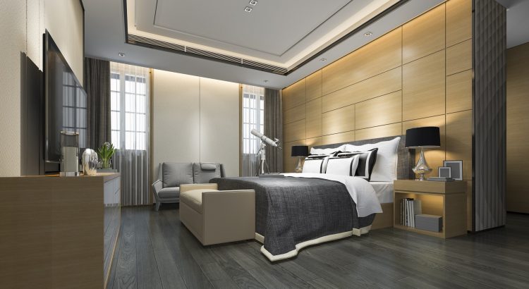 3d rendering luxury modern bedroom suite in hotel